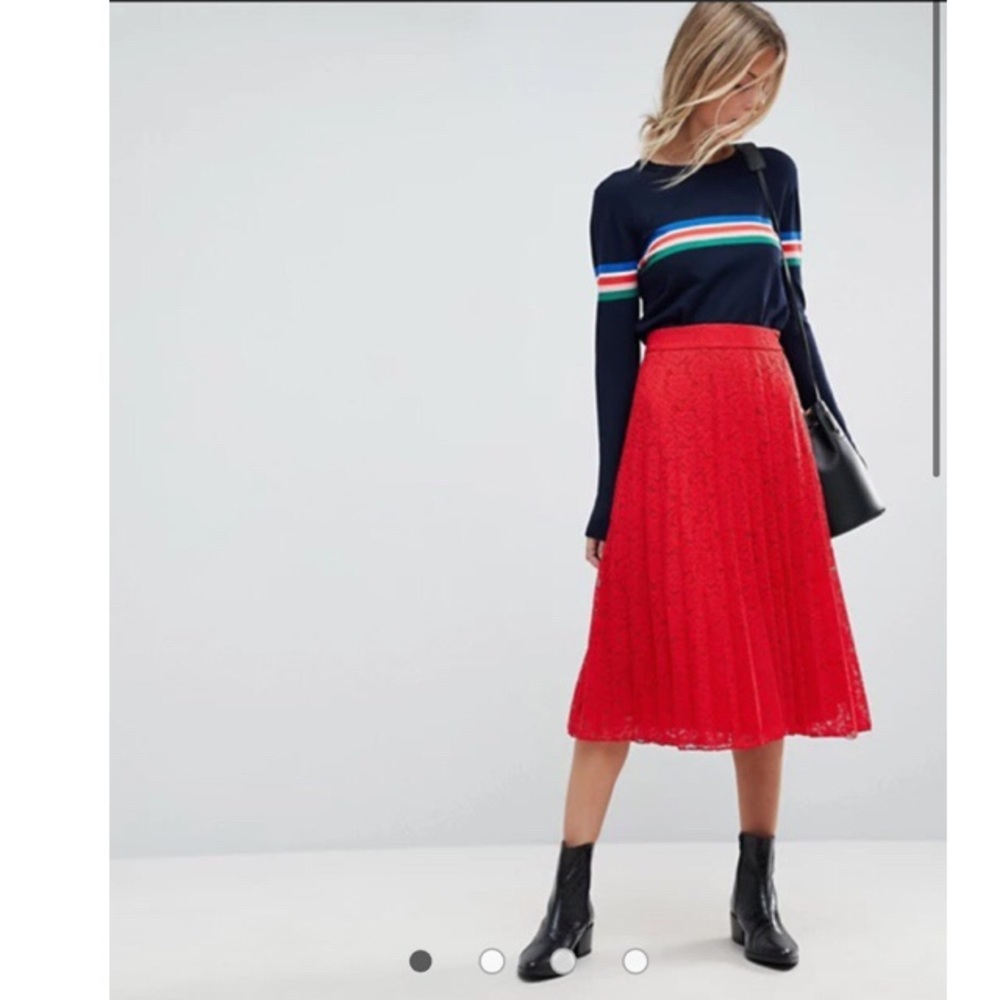 NWOT ASOS pleated red lace midi skirt size 4
